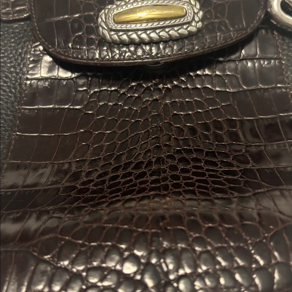 VTG Brighton Black Crocodile Print Brown Pebble Leather Bucket Tote Shoulder Bag - Picture 12 of 12